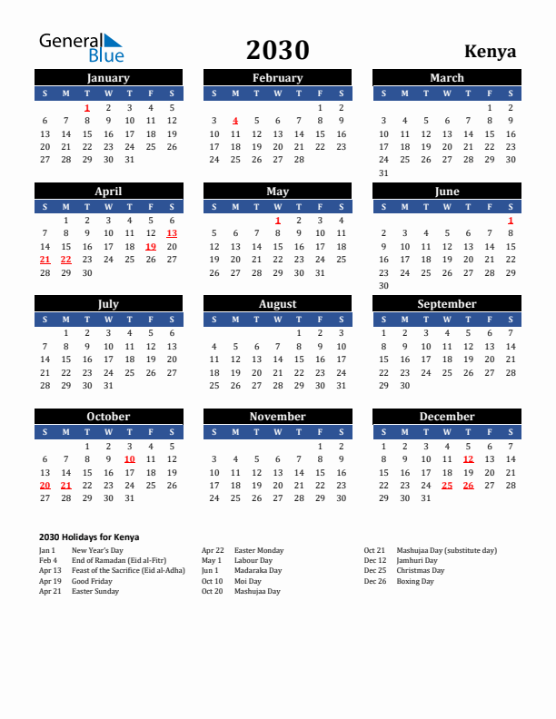 2030 Kenya Holiday Calendar