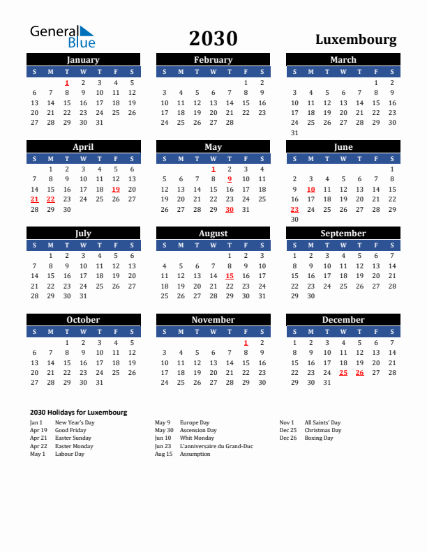 2030 Luxembourg Holiday Calendar