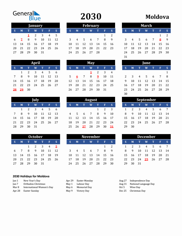 2030 Moldova Holiday Calendar