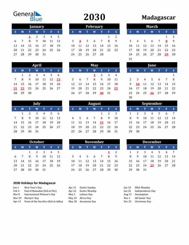2030 Madagascar Holiday Calendar