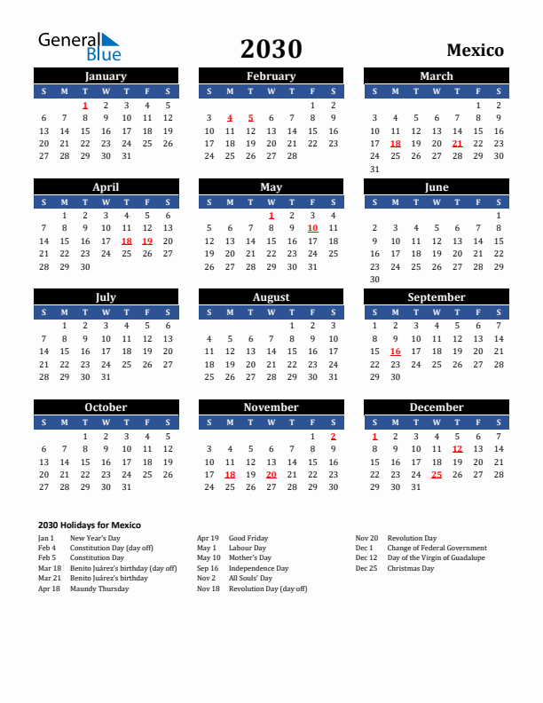2030 Mexico Holiday Calendar