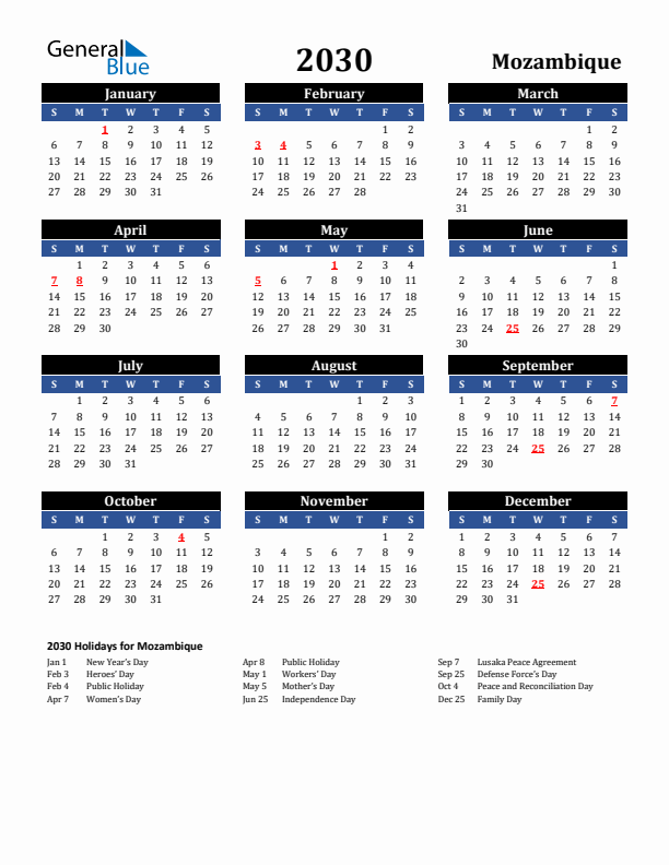 2030 Mozambique Holiday Calendar