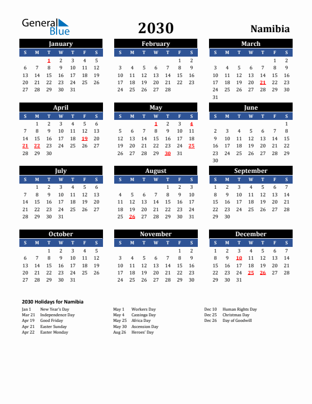 2030 Namibia Holiday Calendar