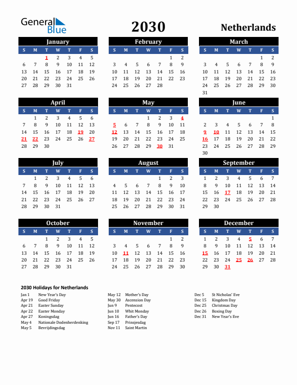 2030 The Netherlands Holiday Calendar