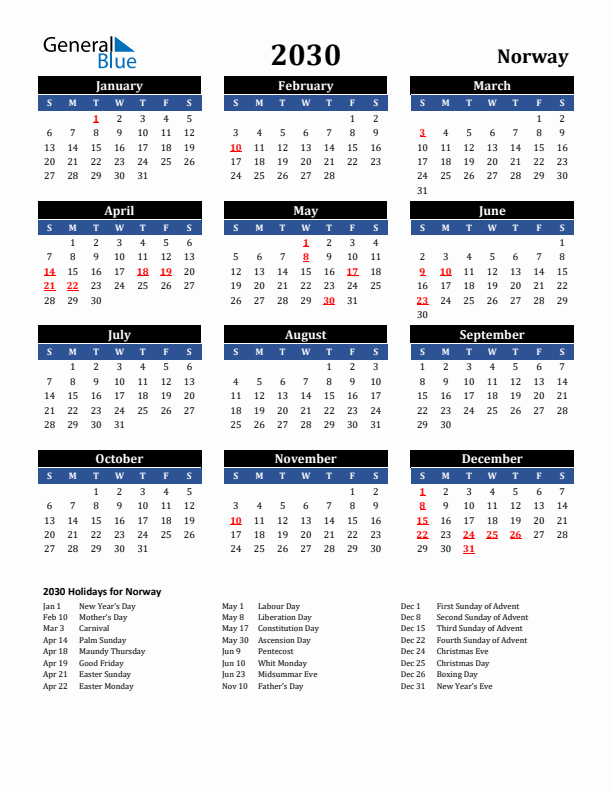 2030 Norway Holiday Calendar
