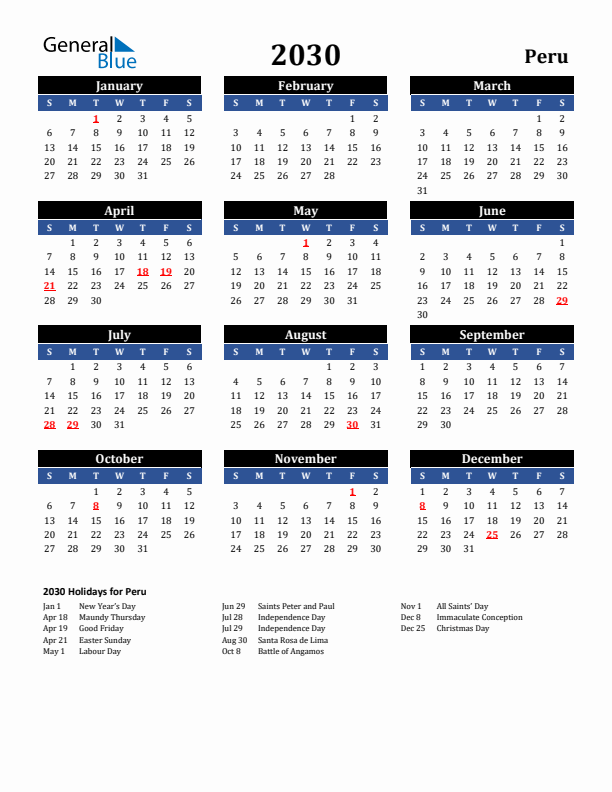 2030 Peru Holiday Calendar
