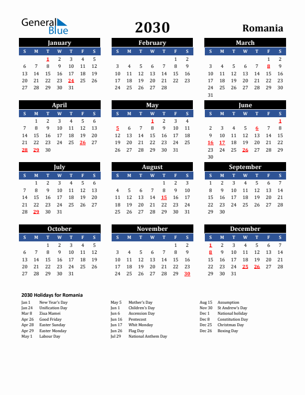 2030 Romania Holiday Calendar