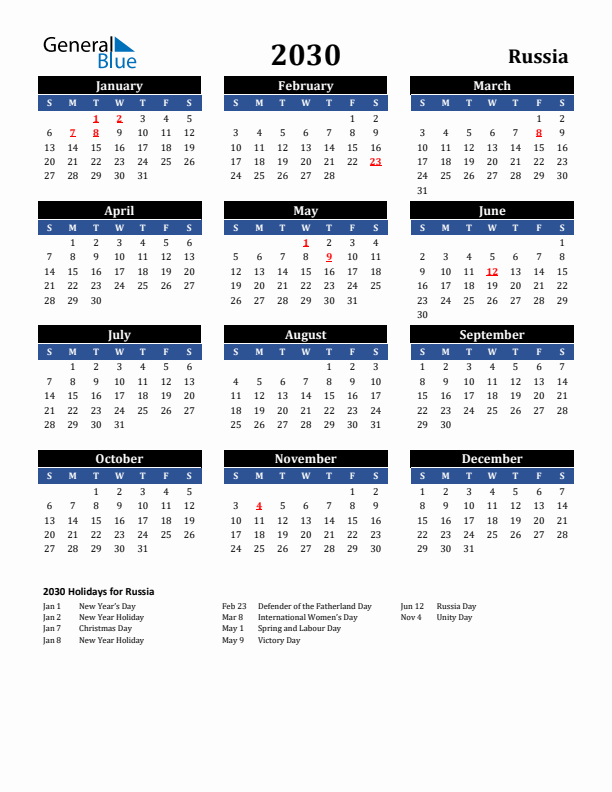 2030 Russia Holiday Calendar