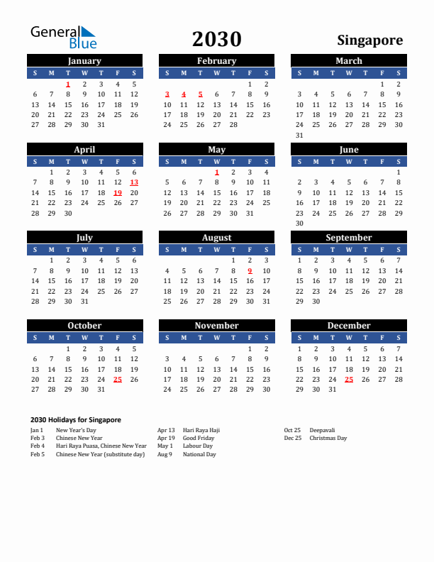 2030 Singapore Holiday Calendar