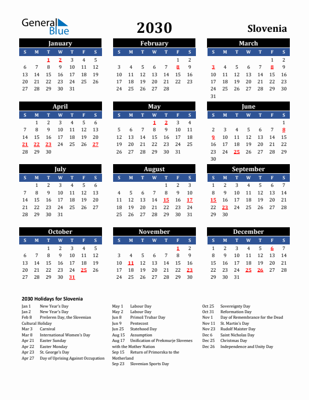 2030 Slovenia Holiday Calendar