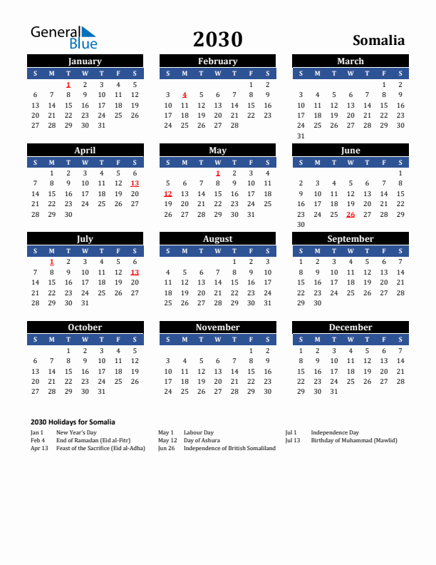 2030 Somalia Holiday Calendar