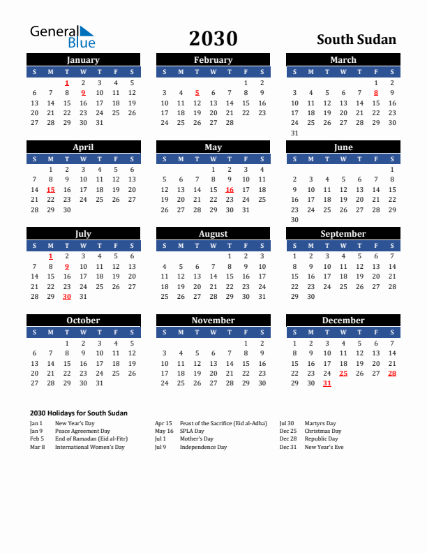 2030 South Sudan Holiday Calendar