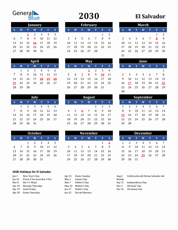 2030 El Salvador Holiday Calendar