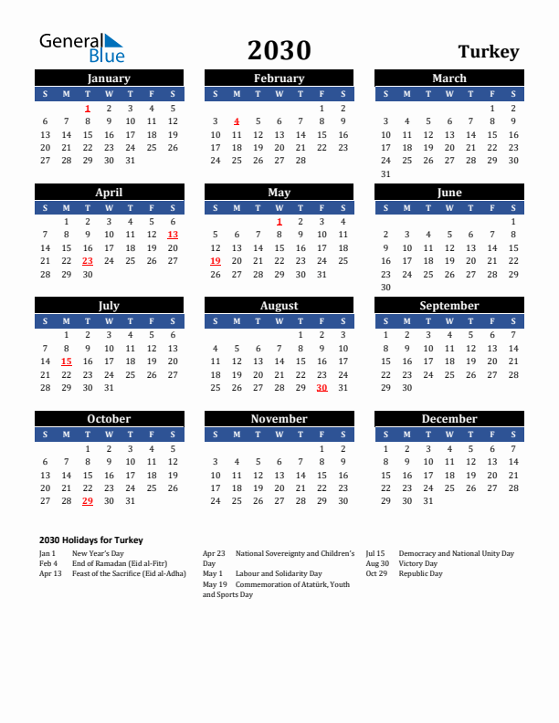 2030 Turkey Holiday Calendar