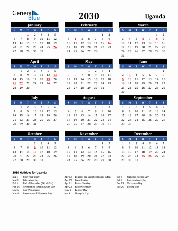 2030 Uganda Holiday Calendar