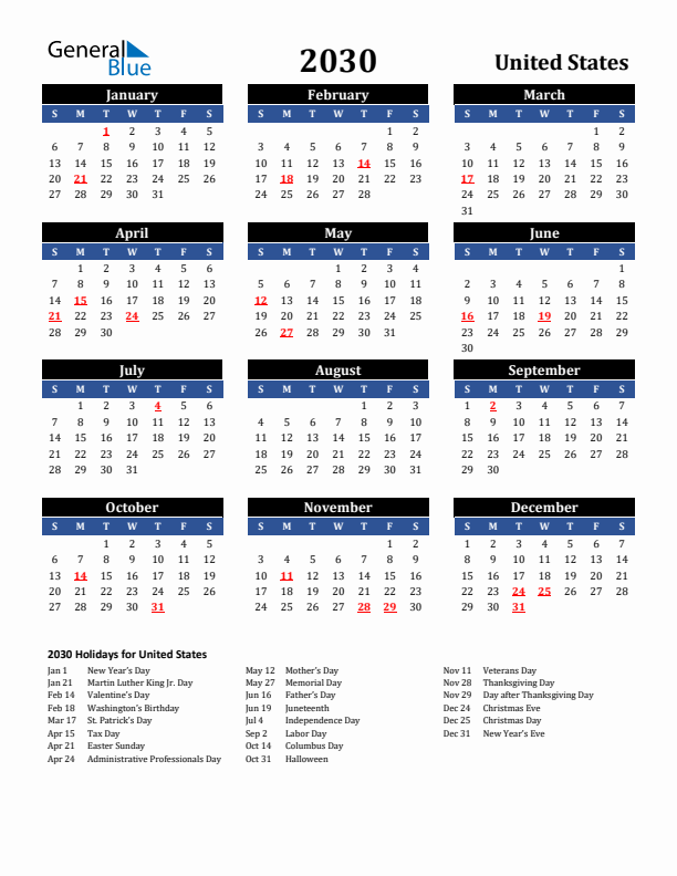 2030 United States Holiday Calendar