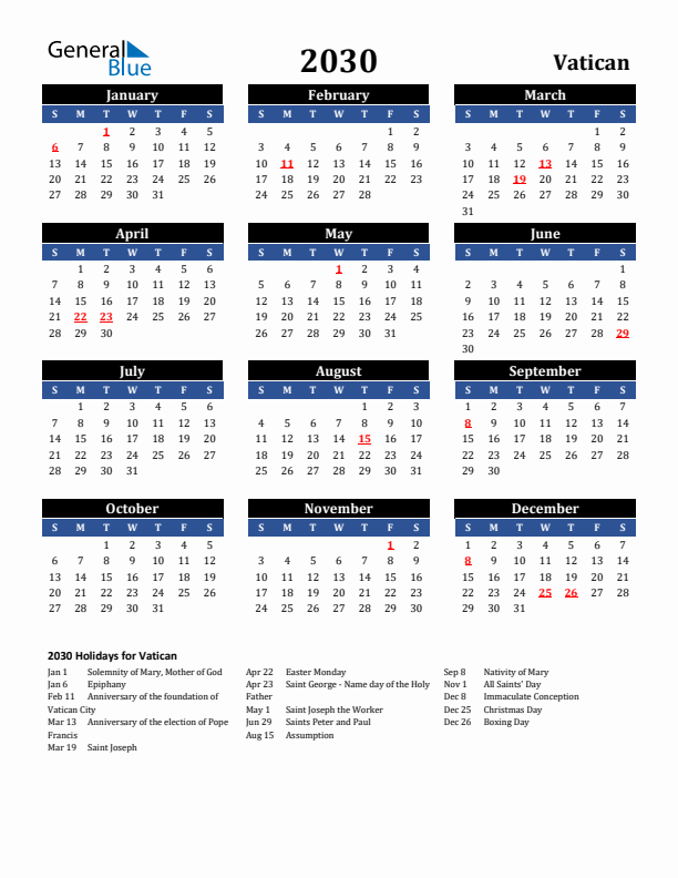 2030 Vatican Holiday Calendar