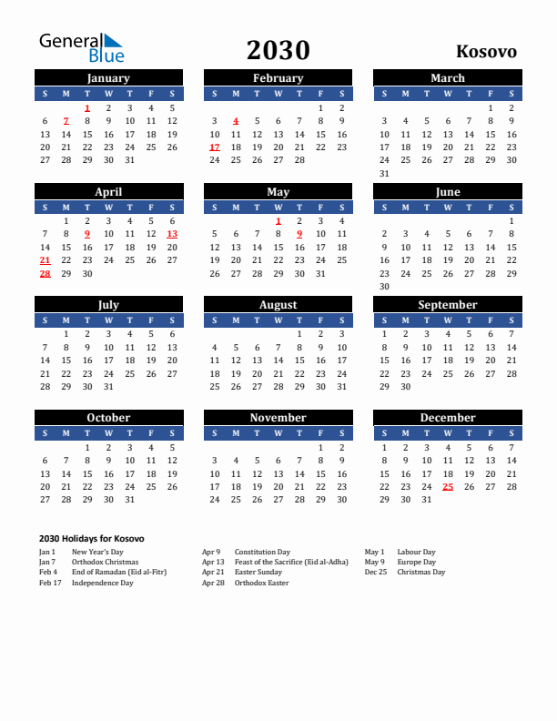 2030 Kosovo Holiday Calendar