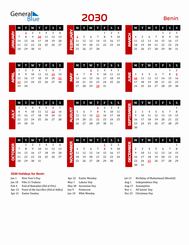 Download Benin 2030 Calendar - Monday Start