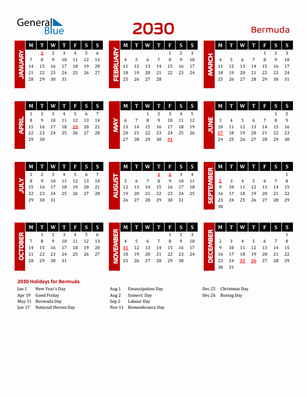 Download Bermuda 2030 Calendar - Monday Start