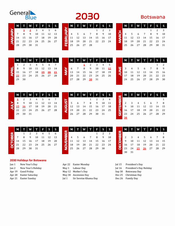 Download Botswana 2030 Calendar - Monday Start