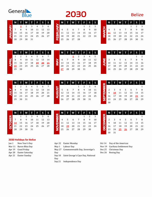 Download Belize 2030 Calendar - Monday Start