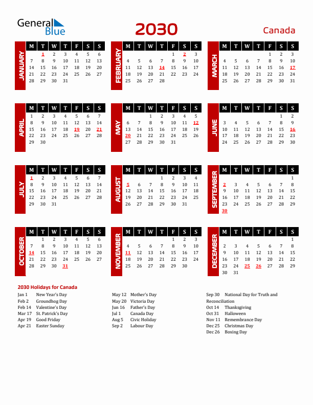 Download Canada 2030 Calendar - Monday Start