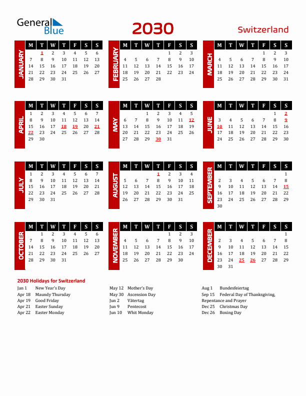 Download Switzerland 2030 Calendar - Monday Start
