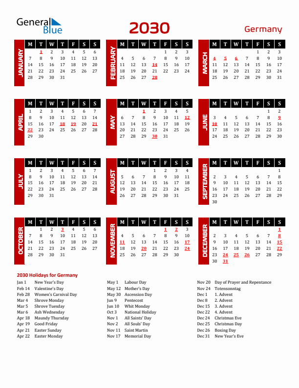 Download Germany 2030 Calendar - Monday Start