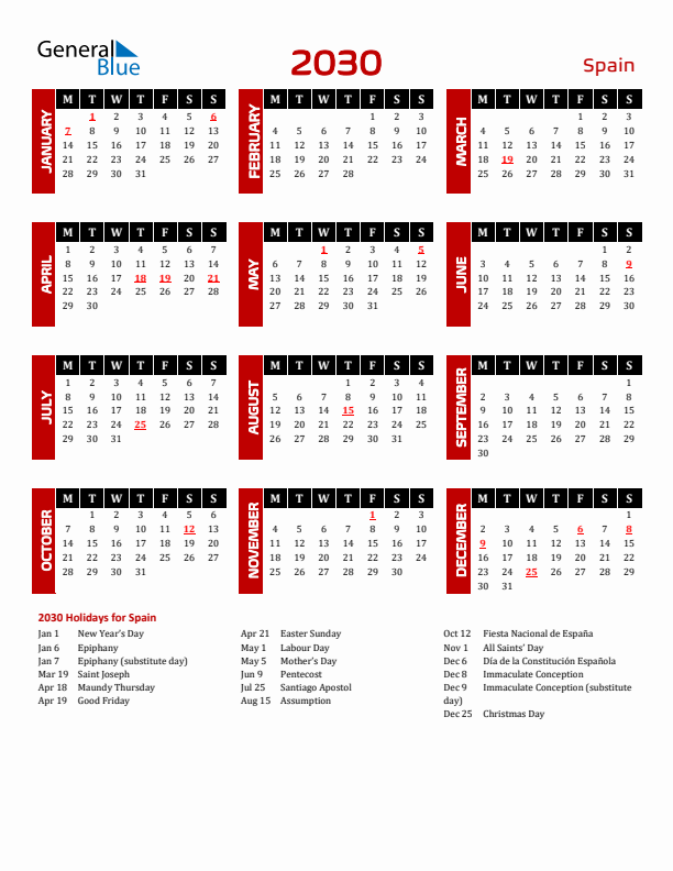 Download Spain 2030 Calendar - Monday Start