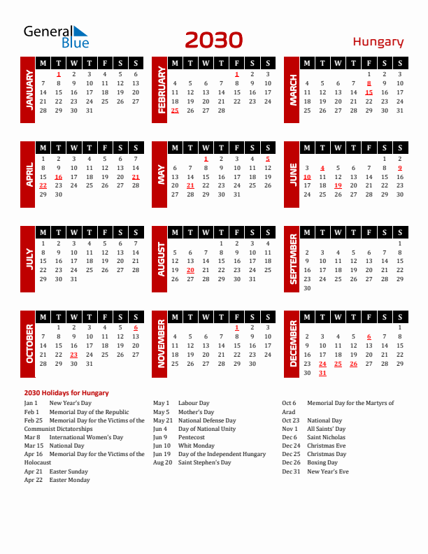 Download Hungary 2030 Calendar - Monday Start