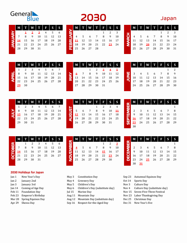 Download Japan 2030 Calendar - Monday Start