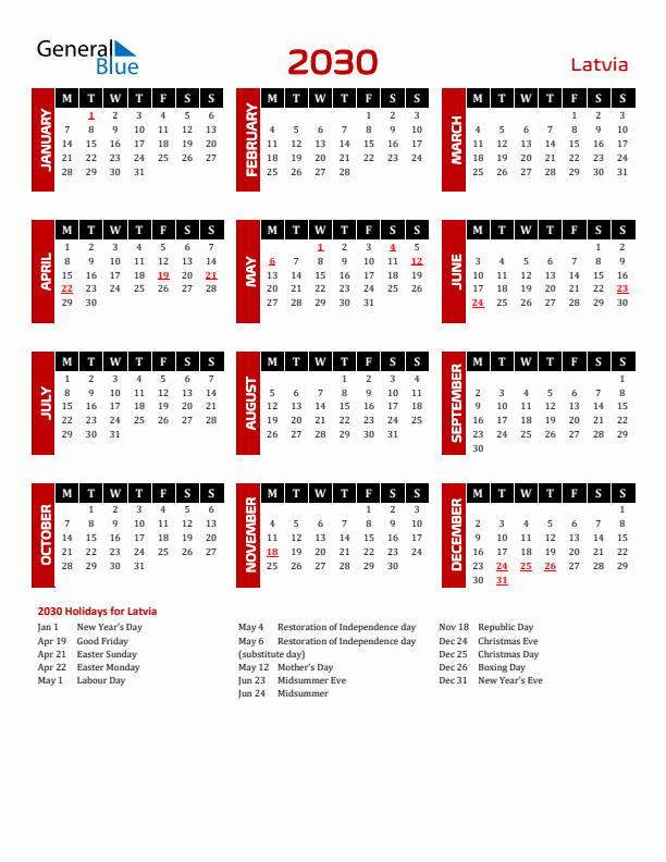 Download Latvia 2030 Calendar - Monday Start