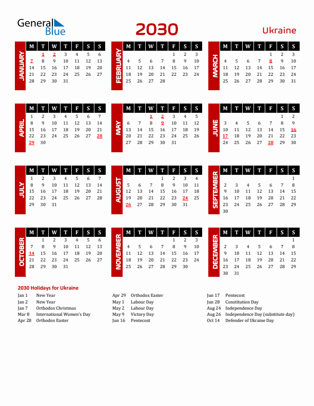 Download Ukraine 2030 Calendar - Monday Start