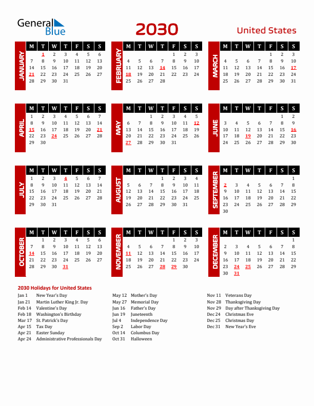 Download United States 2030 Calendar - Monday Start