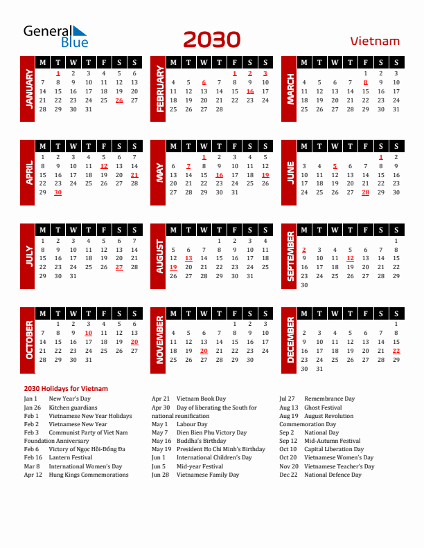 Download Vietnam 2030 Calendar - Monday Start