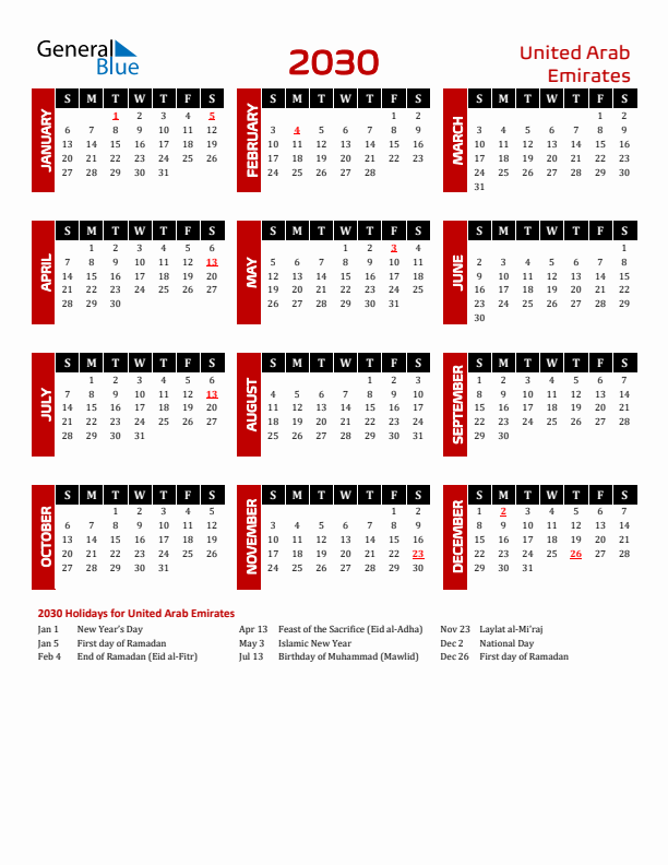 Download United Arab Emirates 2030 Calendar - Sunday Start