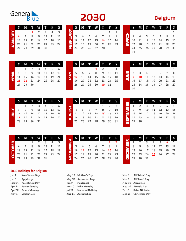 Download Belgium 2030 Calendar - Sunday Start