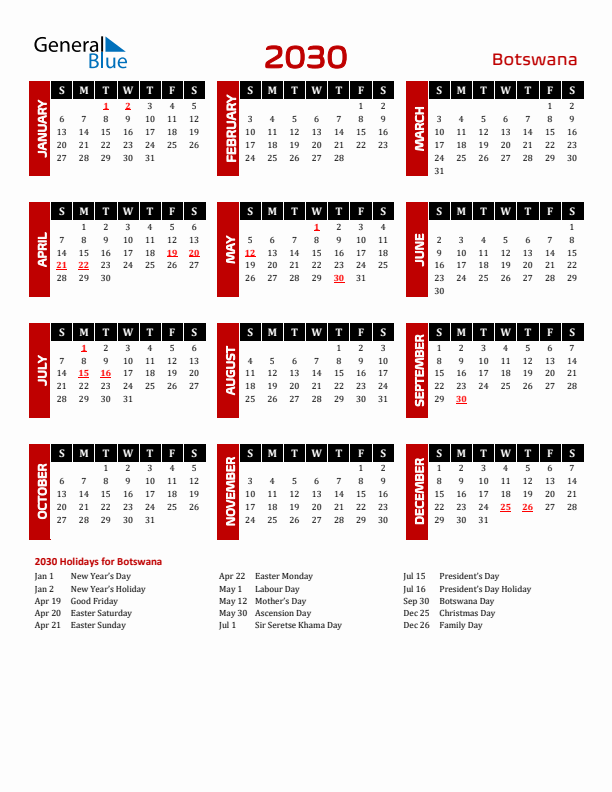 Download Botswana 2030 Calendar - Sunday Start