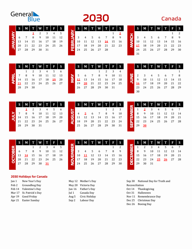 Download Canada 2030 Calendar - Sunday Start
