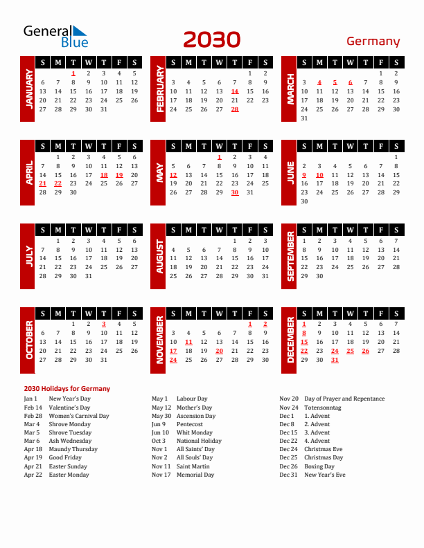 Download Germany 2030 Calendar - Sunday Start