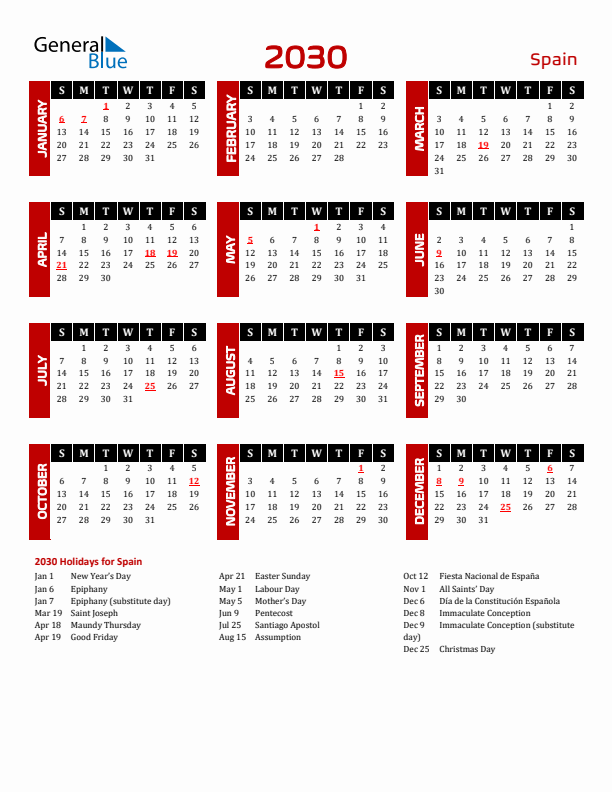 Download Spain 2030 Calendar - Sunday Start