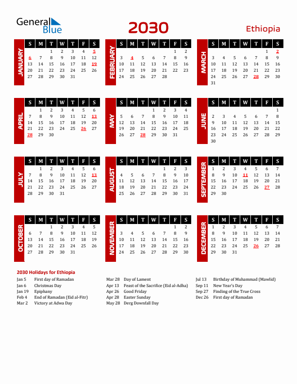 Download Ethiopia 2030 Calendar - Sunday Start