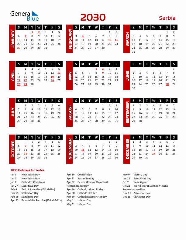 Download Serbia 2030 Calendar - Sunday Start