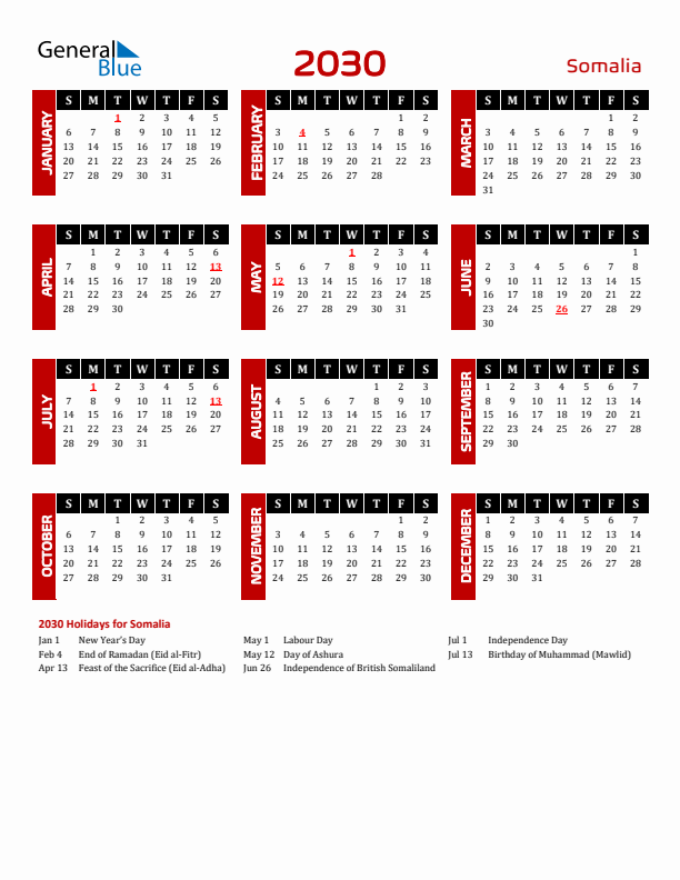 Download Somalia 2030 Calendar - Sunday Start