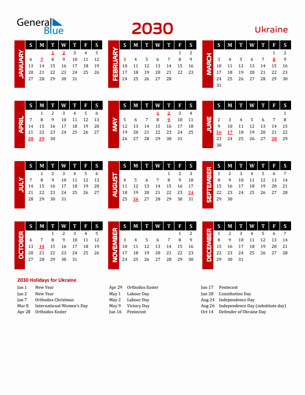 Download Ukraine 2030 Calendar - Sunday Start