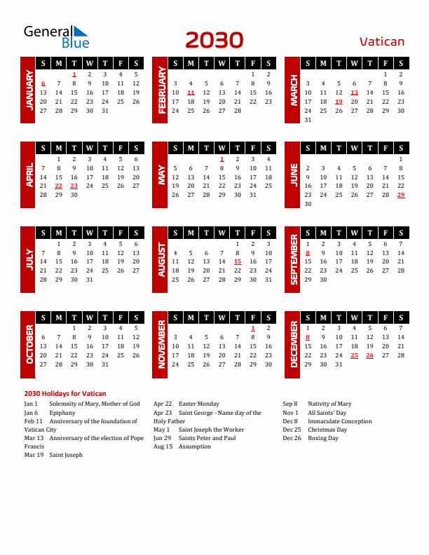 Download Vatican 2030 Calendar - Sunday Start