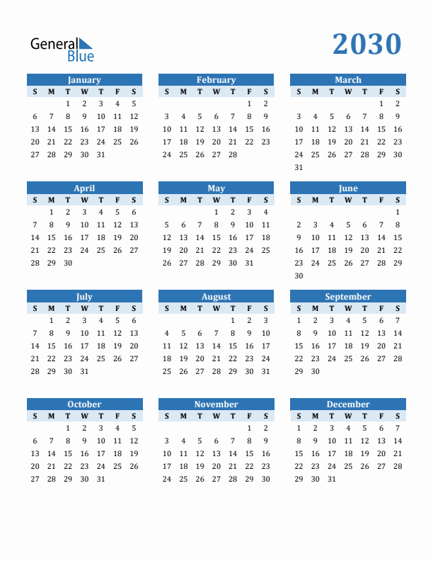2030 Year Calendar