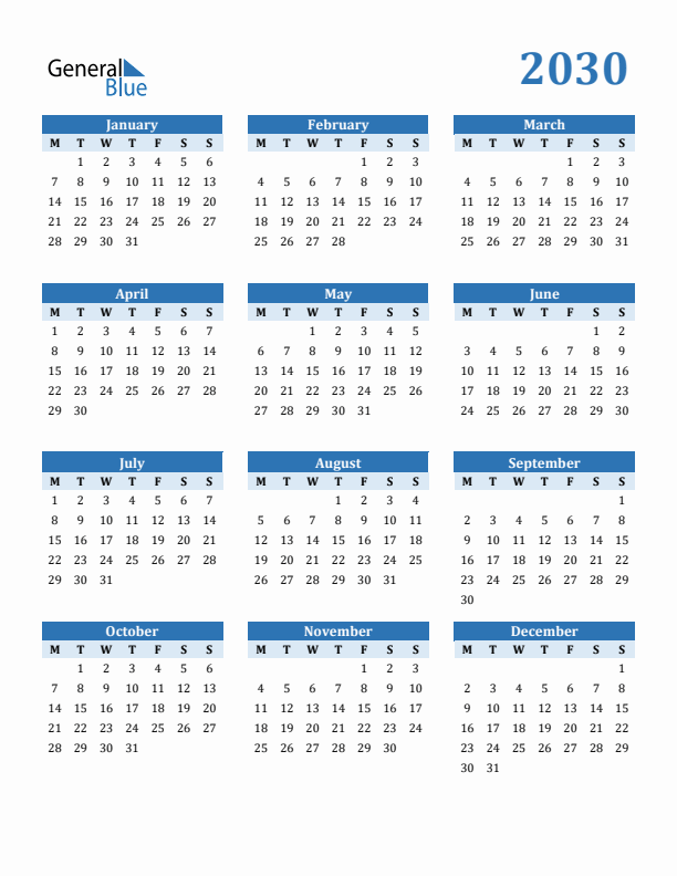 2030 Year Calendar with Monday Start