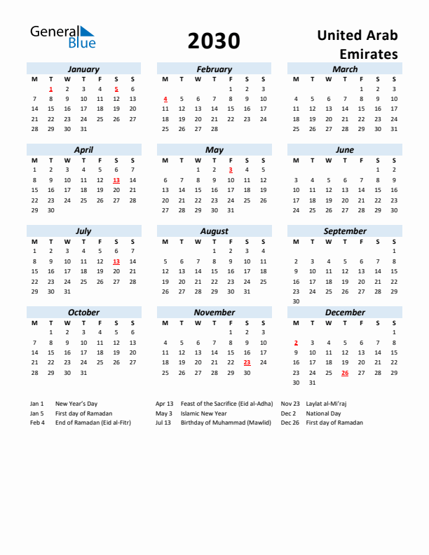 2030 Calendar for United Arab Emirates with Holidays